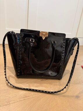 Valentino Black Patent Studded Tote Shoulder Bag